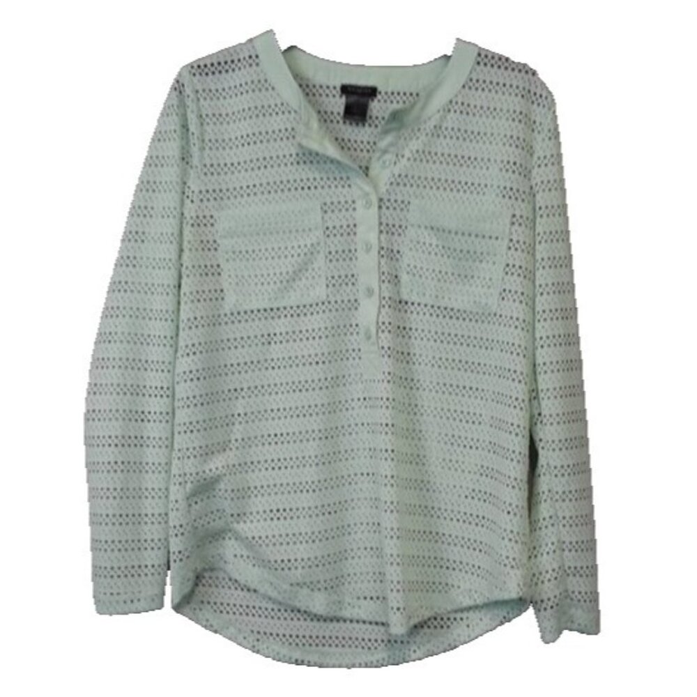 Ann Taylor Womens Top Medium Light Green Lace 1/2 Button‎ Long Sleeve Romantic